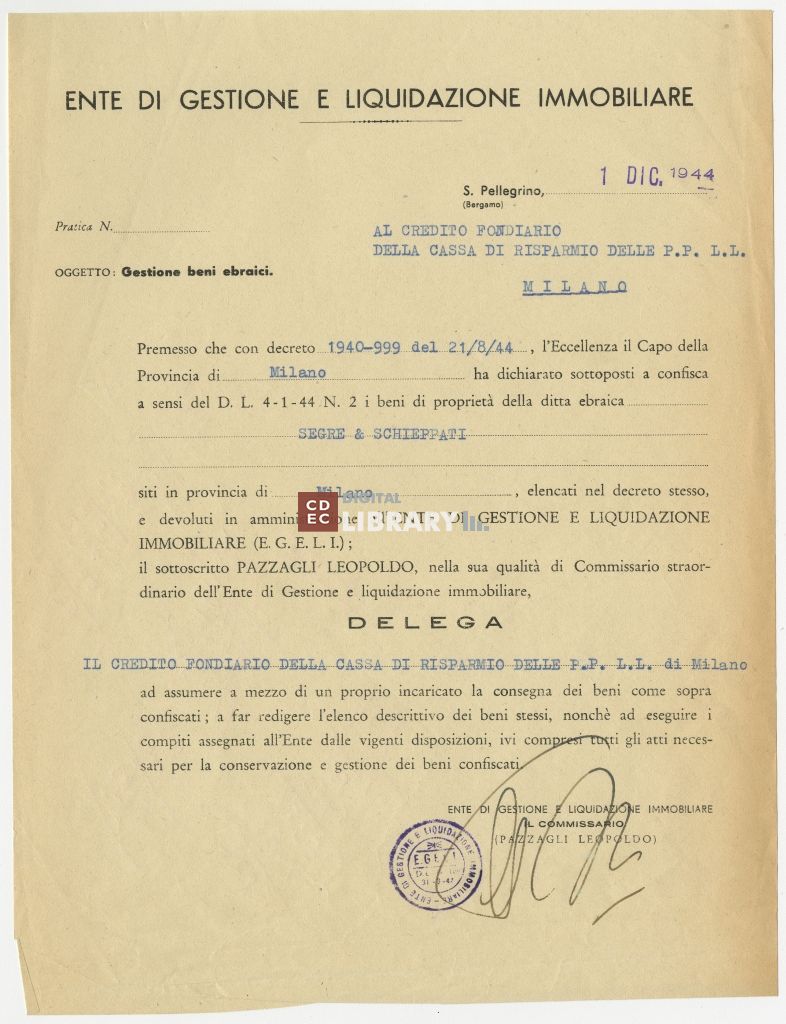 Delega di gestione dei beni della Segre & Schieppati dall'EGELI al Credito fondiario della Cariplo, 1 dicembre 1944